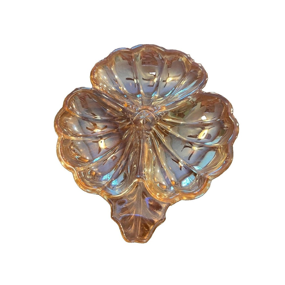 Vintage 1960s  Candy Snack Dish Jeanette Marigold Carnival Glass 3 Leaf Clover